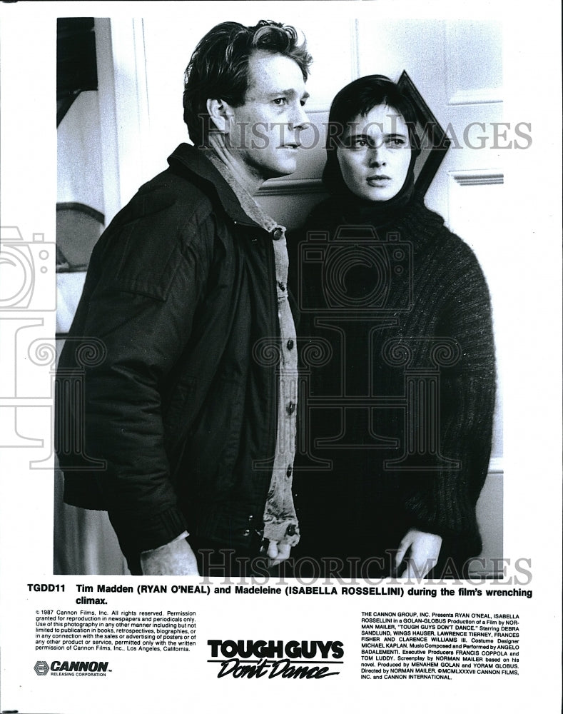 1987 Press Photo Ryan O&#39;Neal Actor Isabella Rossellini Tough Guys Don&#39;t Dance- Historic Images