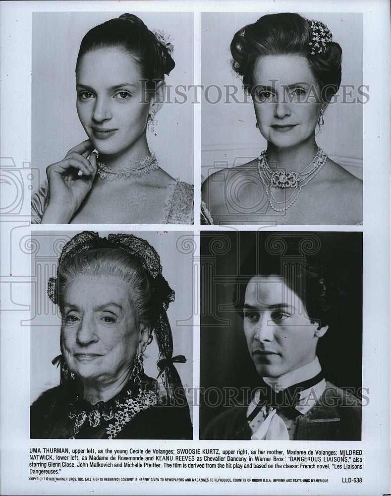 1993 Press Photo Uma THurman Swoosie Kurtis Keanu Reeves Dangerous Liaisons- Historic Images