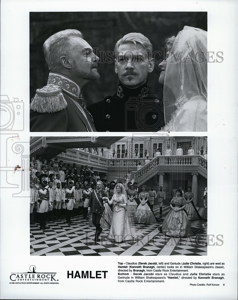 1997 Press Photo Derek Jacobi Kenneth Branagh and Julie Christie in &quot;Hamlet&quot;- Historic Images