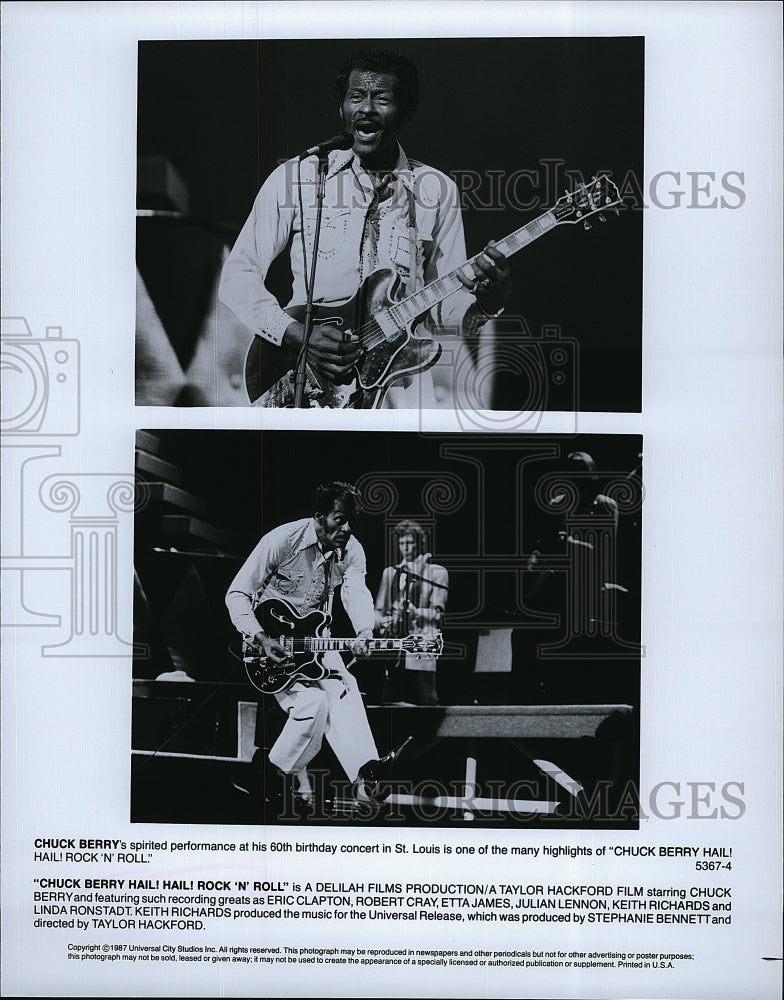 1987 Press Photo Chuck Berry Performs During &quot;Chuck Berry Hail Hail Rock N Roll&quot;- Historic Images