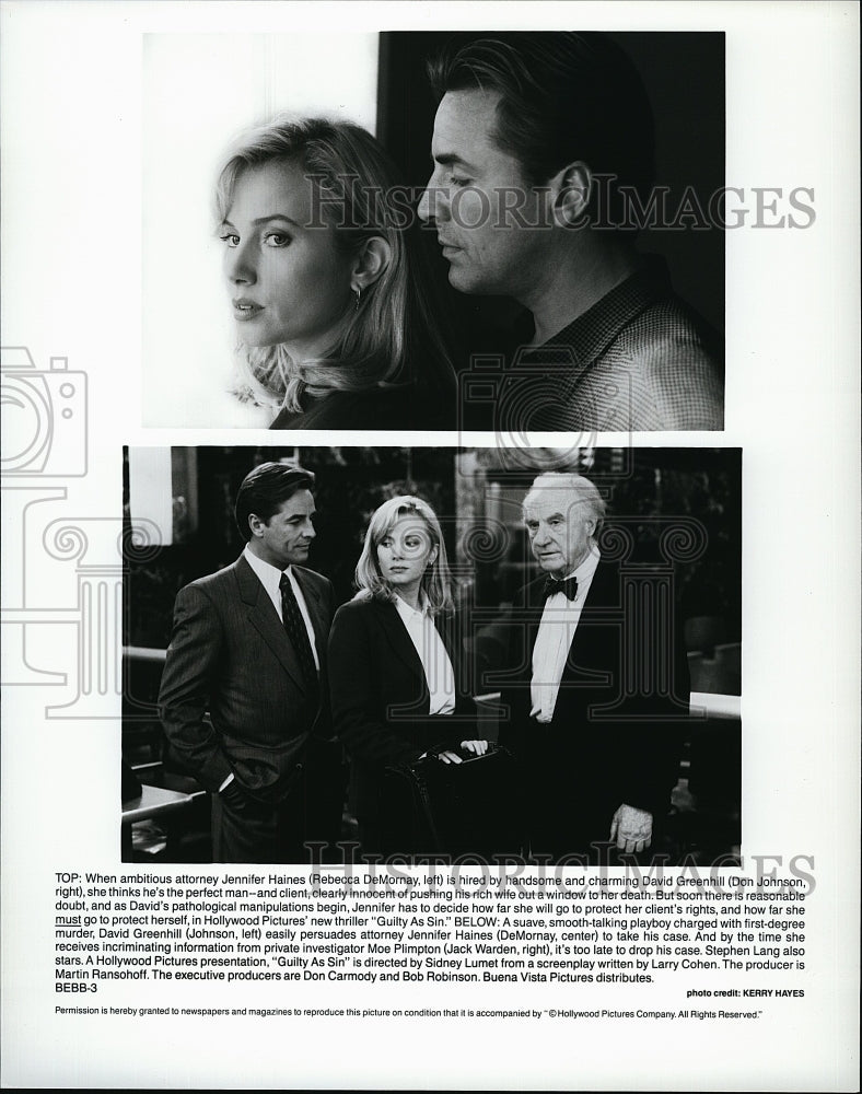 1993 Press Photo  "Guilty As Sin"  Rebecca DeMornay,Don Johnson, Jack Warden- Historic Images