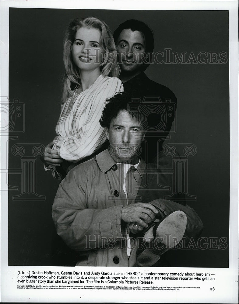 1992 Press Photo &quot;Hero&quot; Dustin Hoffman, Geena Davis, Andy Garcia- Historic Images