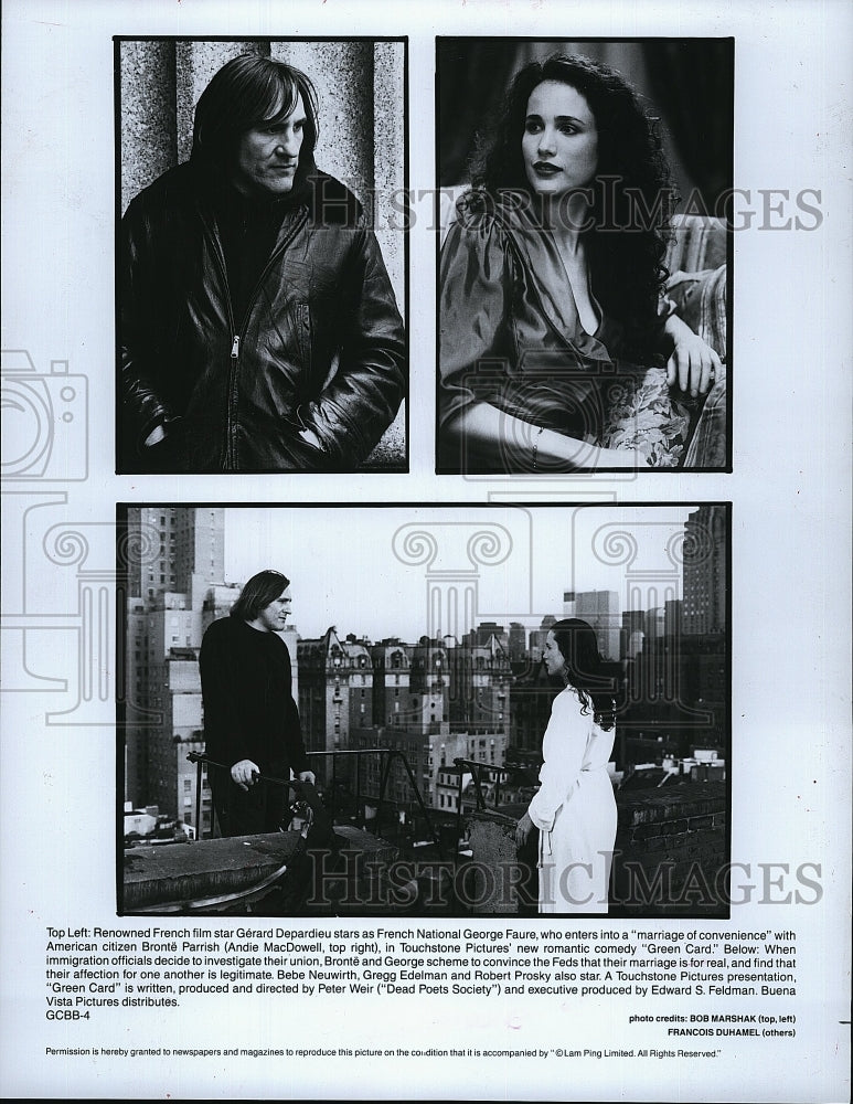 1991 Press Photo Andie MacDowell Actress Gerard Depardieu Actor Green Card Movie- Historic Images