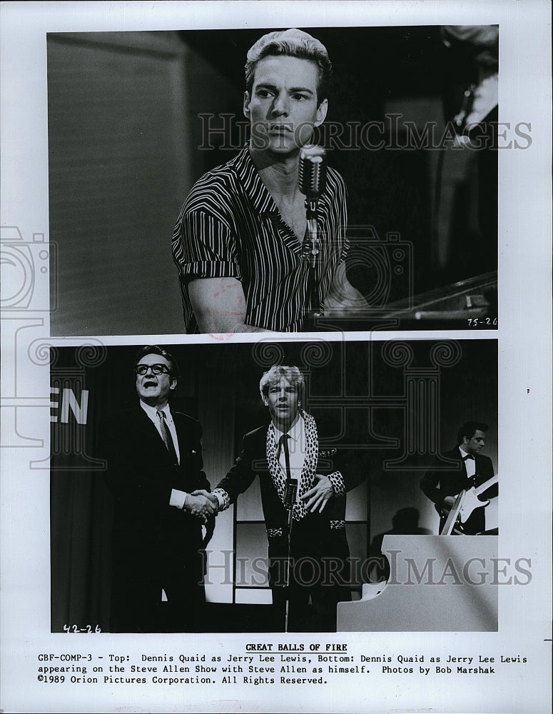 1989 Press Photo Actors Dennis Quaid &amp; Jerry Lee Lewis in &quot;Great Balls of Fire&quot;- Historic Images