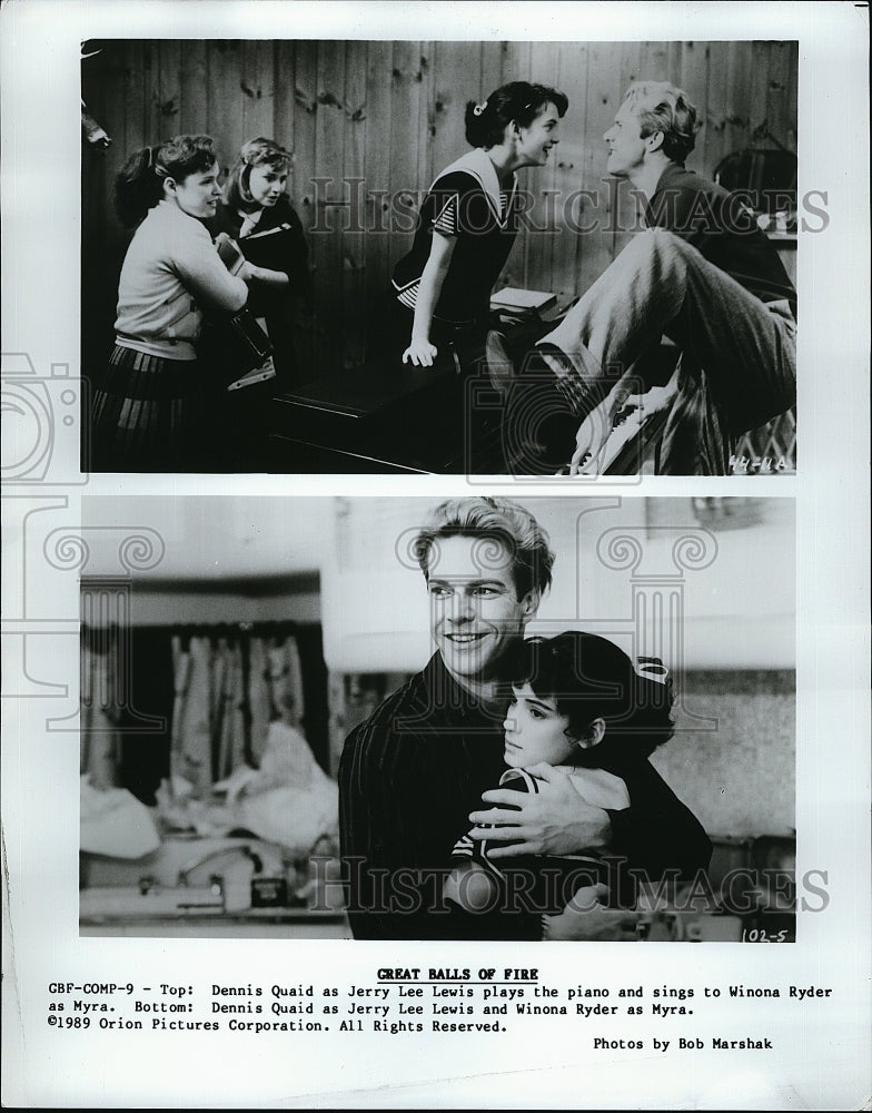 1989 Press Photo Actors Dennis Quaid &amp; Jerry Lee Lewis in &quot;Great Balls of Fire&quot;- Historic Images