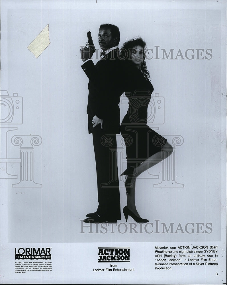 1987 Press Photo &quot;Action Jackson&quot; Carl Weathers &amp; Vanity- Historic Images