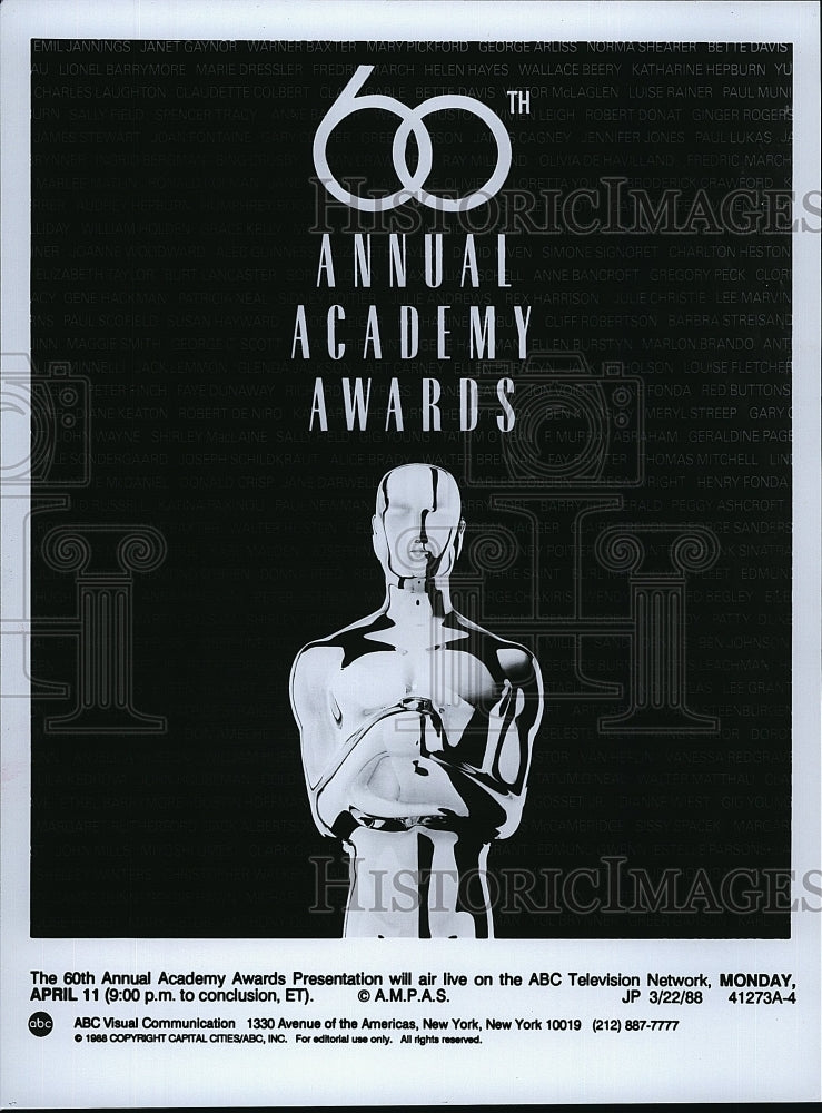 1988 Press Photo 50th Annual Academy Awards ABC Television Network- Historic Images