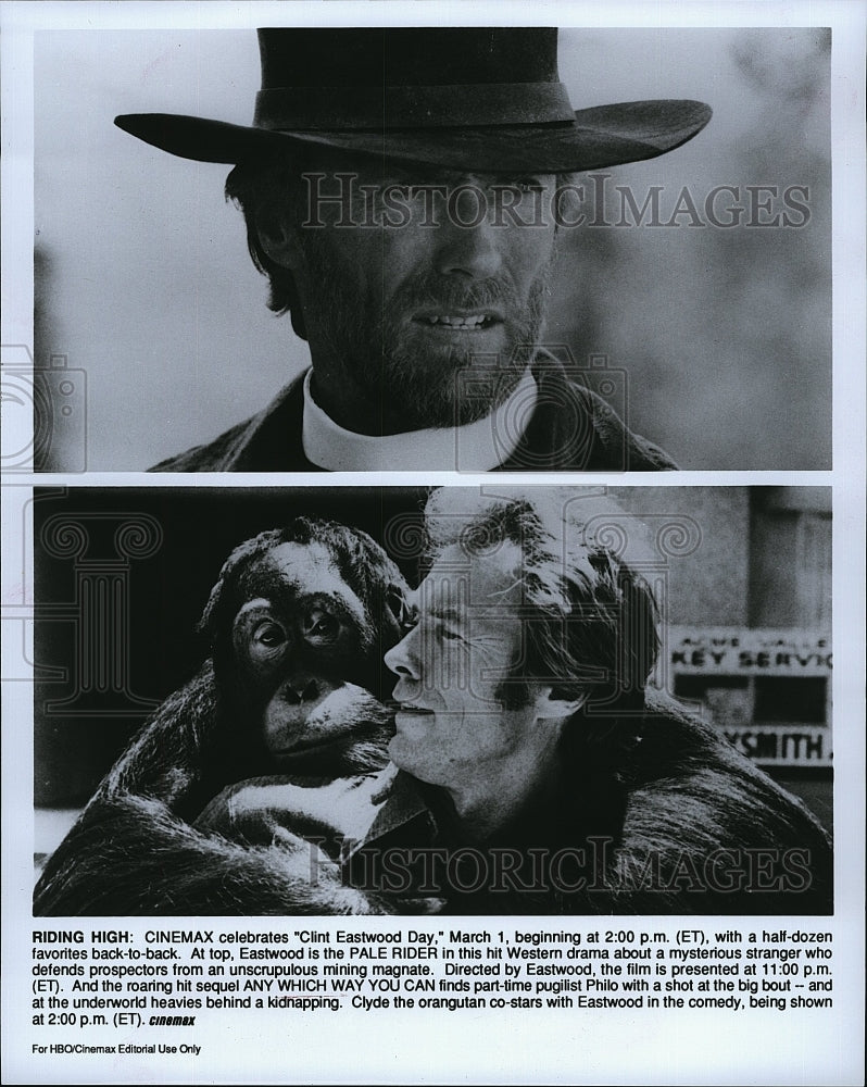 1985 Press Photo Clint Eastwood in &quot;Pale Rider&quot; &amp; &quot;Any Which Way You Can&quot;- Historic Images
