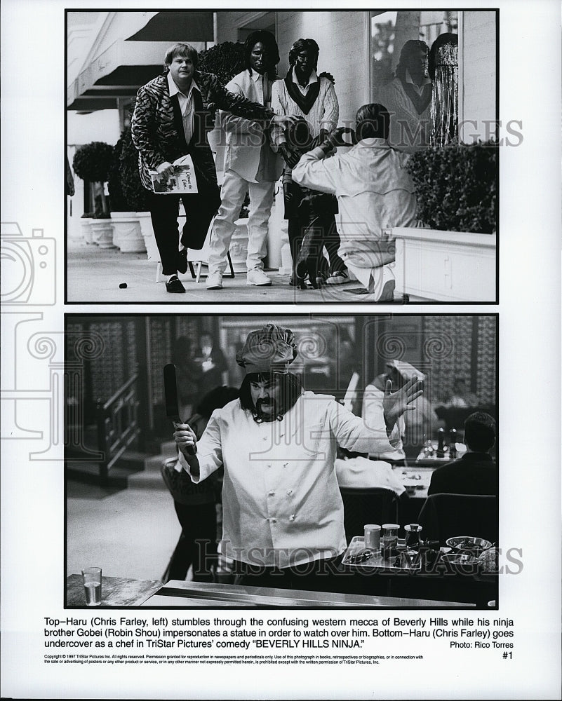 1997 Press Photo Chris Farley &amp; Robin Shou Star In &quot;Beverly Hills Ninja&quot;- Historic Images