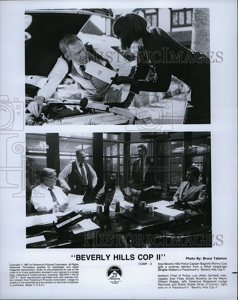 1987 Press Photo Ronny Cox, Brigitte Nielsen, A. Garfield &quot;Beverly Hills Cop II&quot;- Historic Images