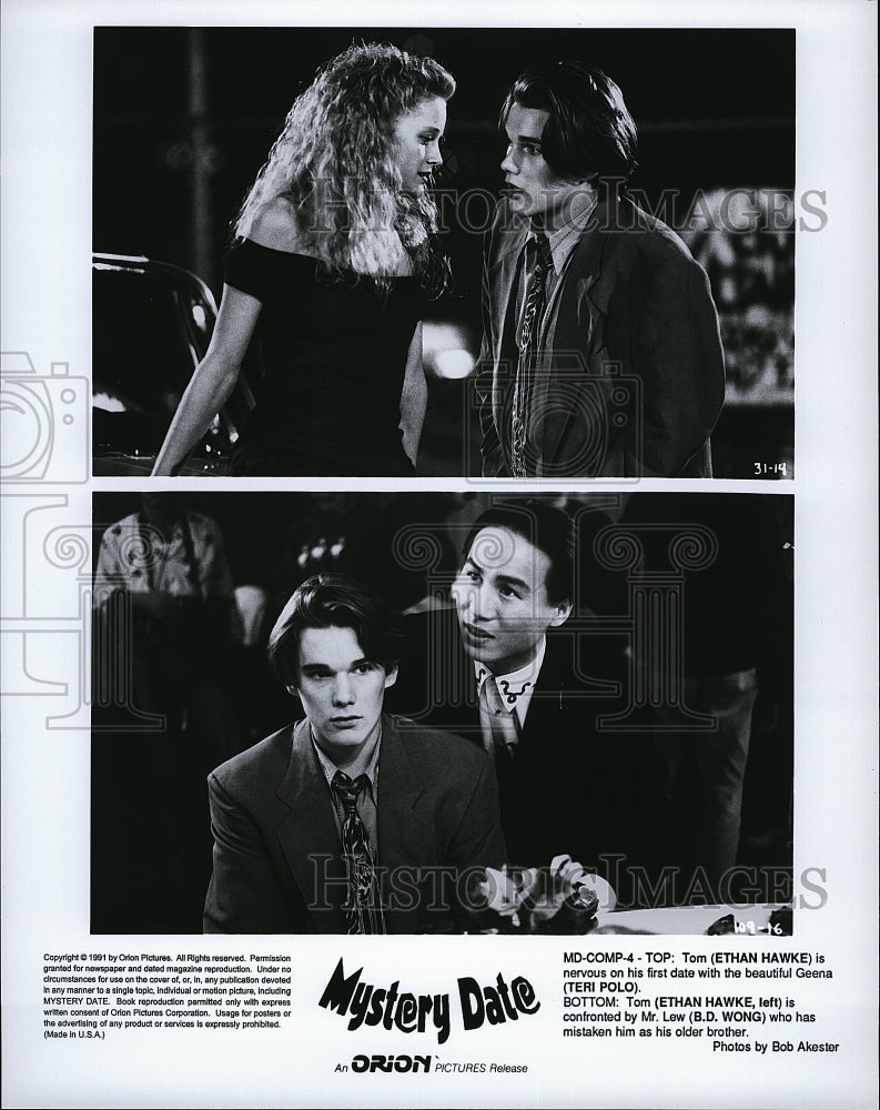 1991 Press Photo Ethan Hawke Actor Teri Polo Actress B.D. Wong Mystery Date Film- Historic Images