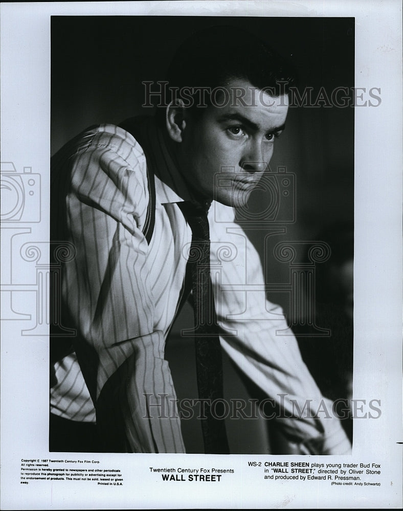 1987 Press Photo Charlie Sheen American Actor Wall Street Drama Movie Film- Historic Images