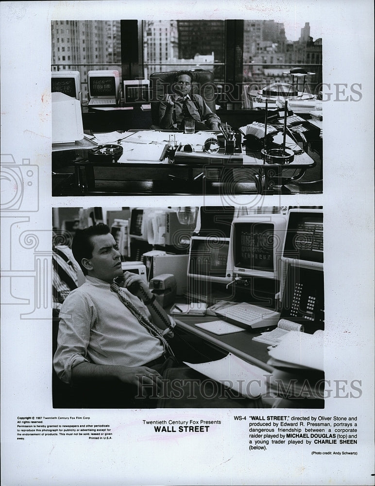 1987 Press Photo Michael Douglas Actor Charlie Sheen Wall Street Movie Film- Historic Images