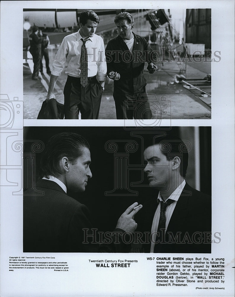 1987 Press Photo Charlie Sheen Actor Michael Douglas Martin Sheen Wall Street- Historic Images