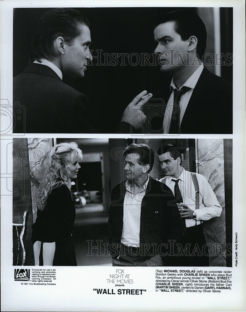 1991 Press Photo Michael Douglas Charlie Martin Sheen Actor Wall Street Movie - Historic Images