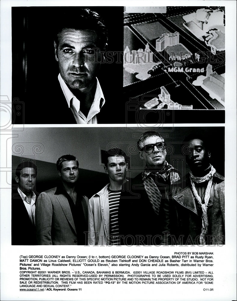 2001 Press Photo Actors George Clooney, Brad Pitt, Matt Damon, Elliot Gould - Historic Images