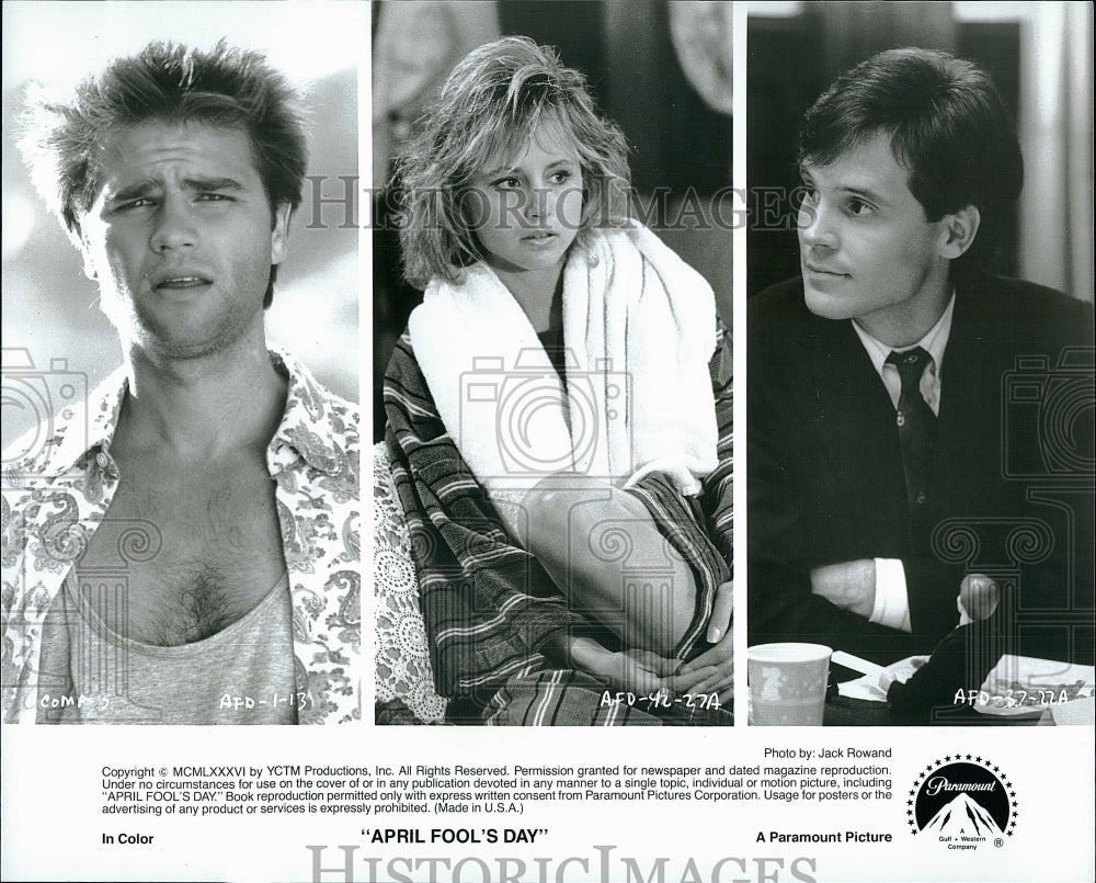 1986 Press Photo C. Rohner, Deborah Goodrich, J. Baker &quot;April Fool&#39;s Day&quot;- Historic Images