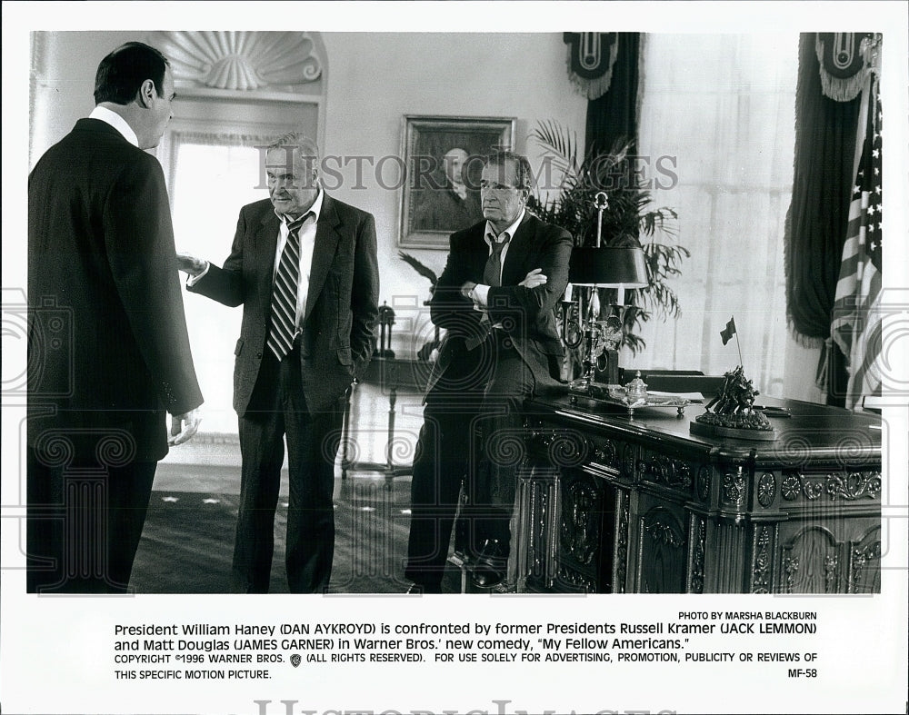 1996 Press Photo Dan Aykroyd, Jack Lemmon, James Garner, &quot;My Fellow Americans&quot;- Historic Images