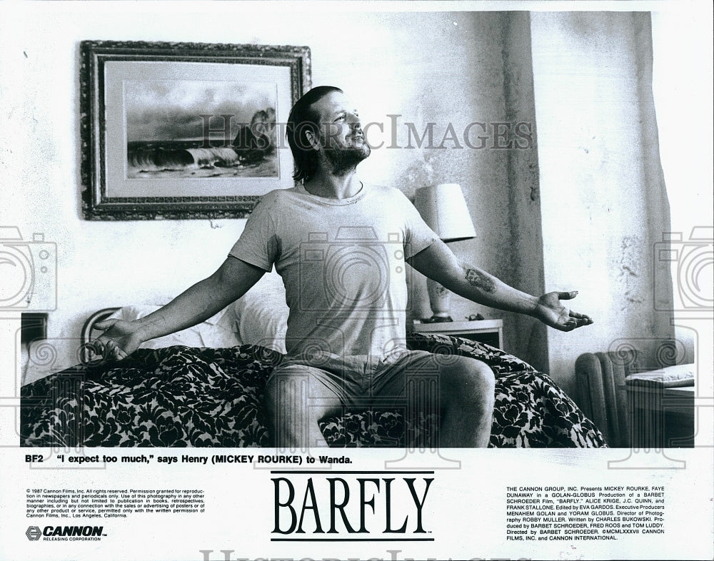 1987 Press Photo Mickey Rourke American Actor Scene From Barfly Drama Film Movie- Historic Images