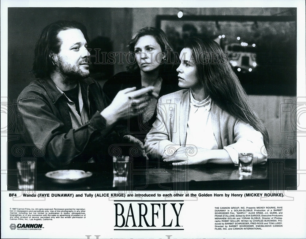 1987 Press Photo Faye Dunaway Actress Alice Krige Mickey Rourke Barfly Movie- Historic Images