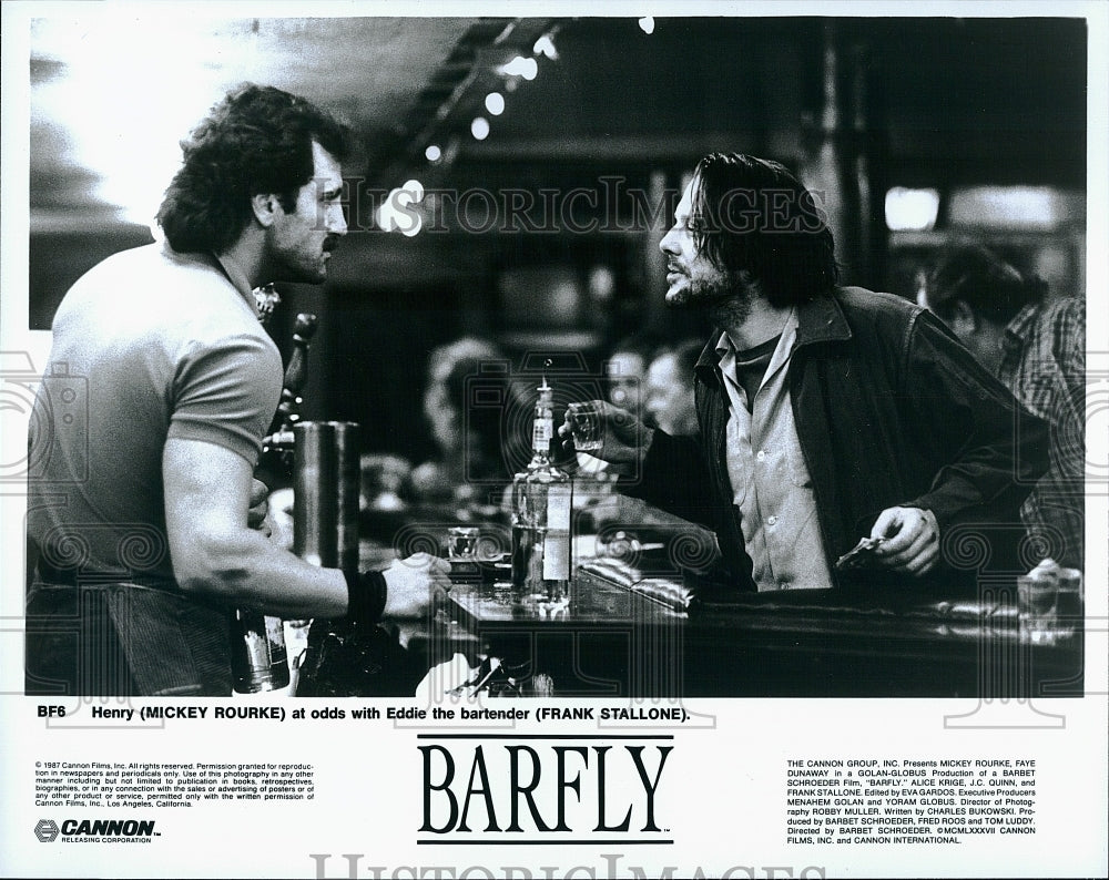 1987 Press Photo Mickey Rourke Actor Frank Stallone Barfly Drama Movie Film- Historic Images