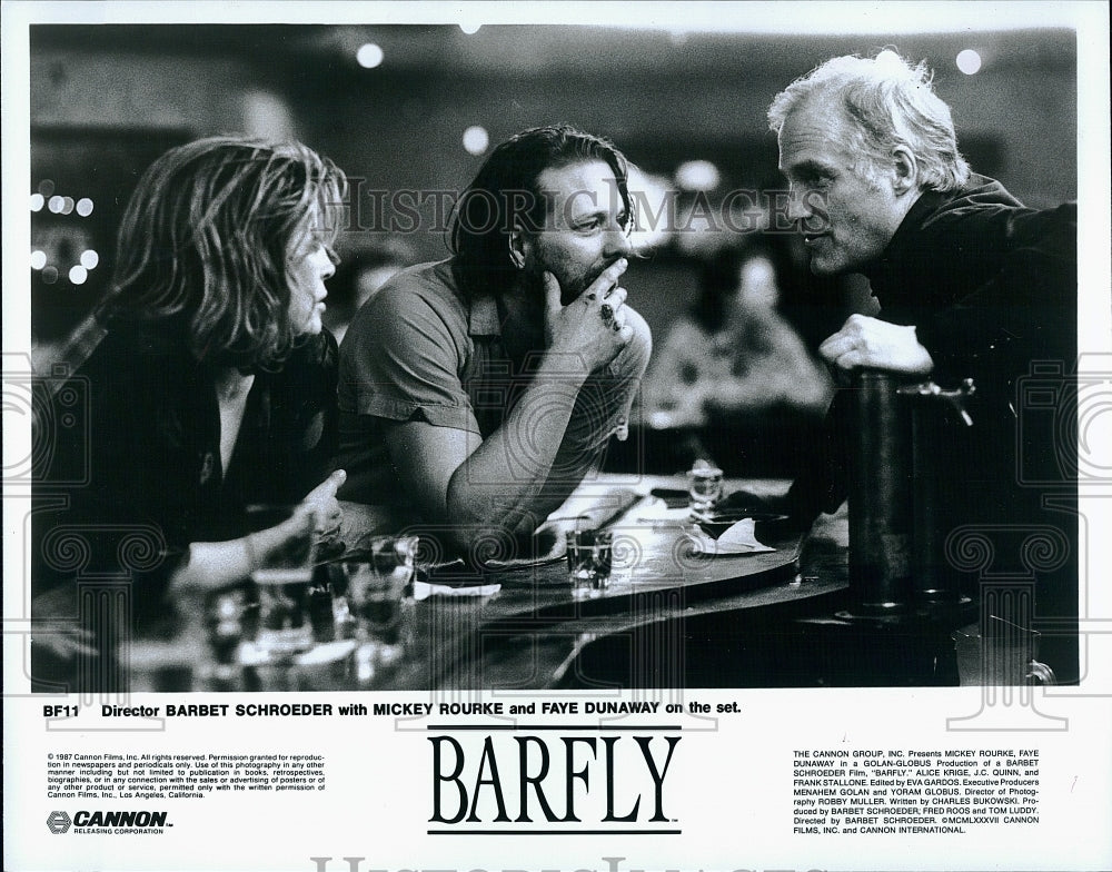 1987 Press Photo Barbet Schroeder Mickey Rourke Faye Dunaway Barfly Drama Movie- Historic Images