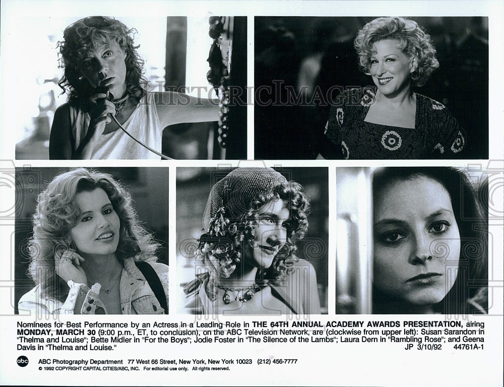 1992 Press Photo Academy Awards Bette Midler Jodie Foster Laura Dern Actress- Historic Images