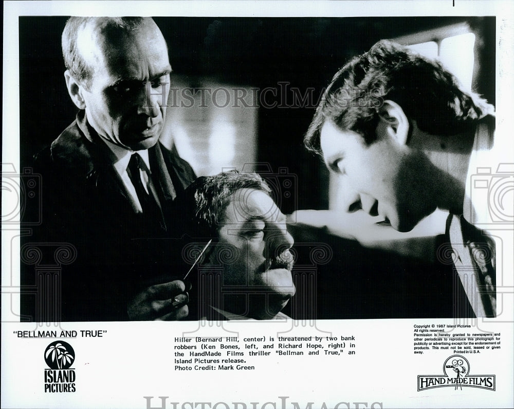 1987 Press Photo Bernard Hill Actor Ken Bones Richard Hope Bellman True Movie- Historic Images