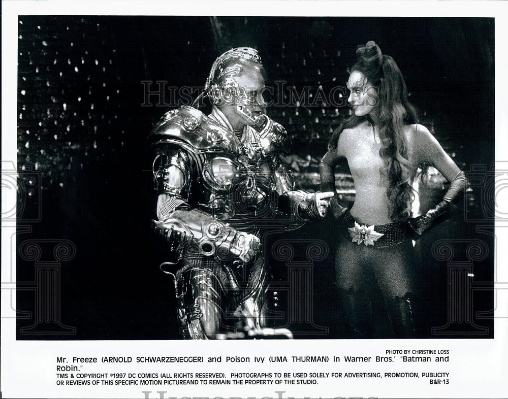 1997 Press Photo Arnold Schwarzenegger &amp; Uma Thurman Star In &quot;Batman &amp; Robin&quot;- Historic Images