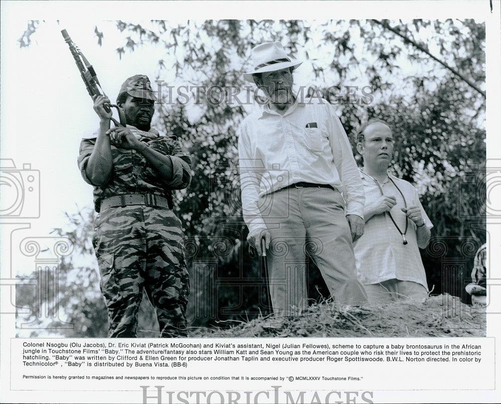 1985 Press Photo Olu Jacobs Patrick McGoohan Julian Fellowes Baby Movie Film- Historic Images