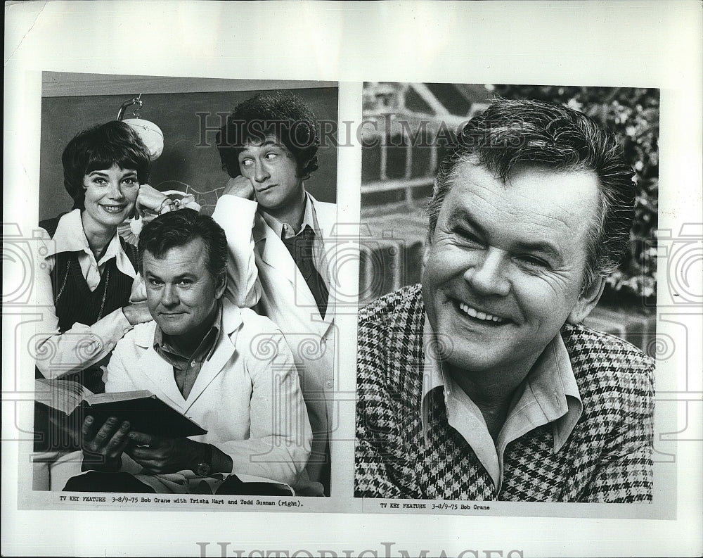 1975 Press Photo Bob Crane, Trisha Hart, Todd Suzman in a film- Historic Images