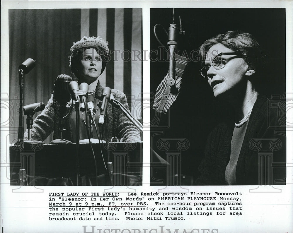 1987 Press Photo Lee Remick as Eleanor Roosevelt in PBS&#39; &quot;American Playhouse&quot;- Historic Images