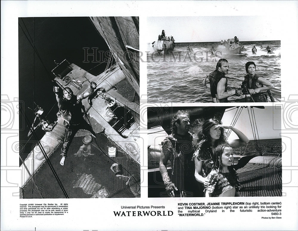 1995 Press Photo &quot;Waterworld&quot; Kevin Costner,J Tripplehorn,T Majorino- Historic Images