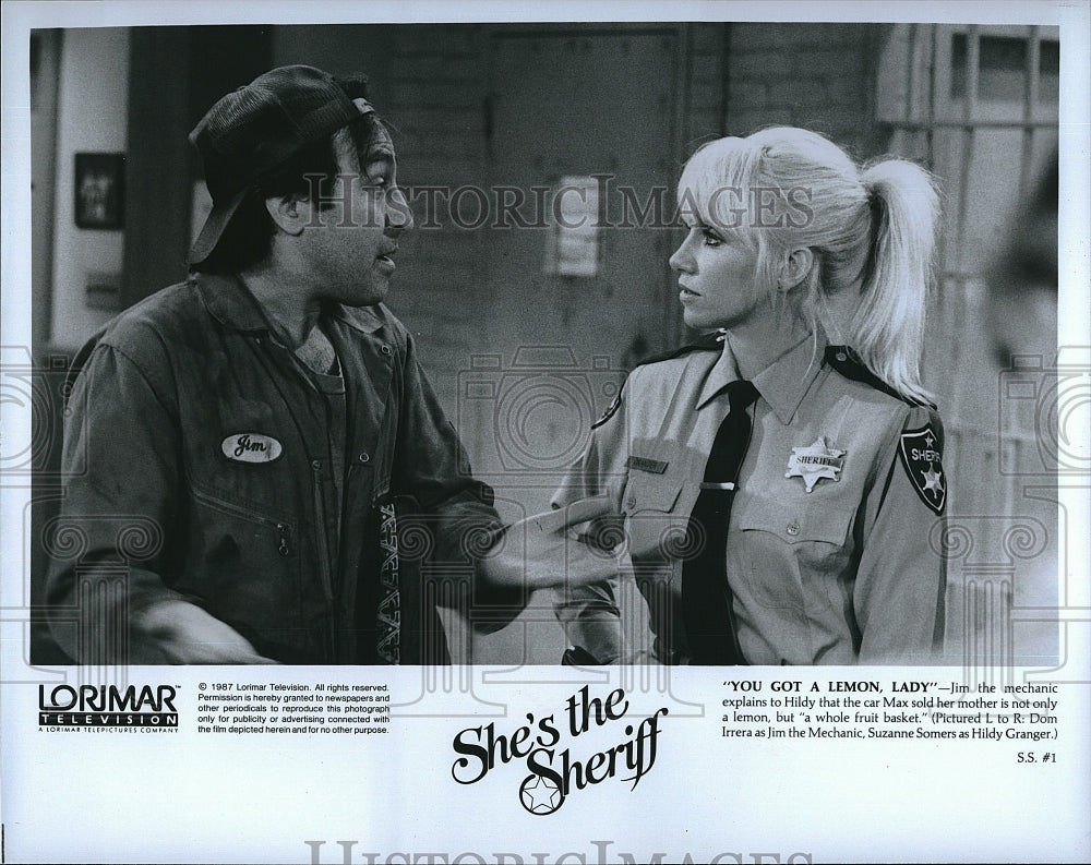 1987 Press Photo Actress Suzanne Somers &amp; Dom Irrera In &quot;She&#39;s The Sheriff&quot;- Historic Images