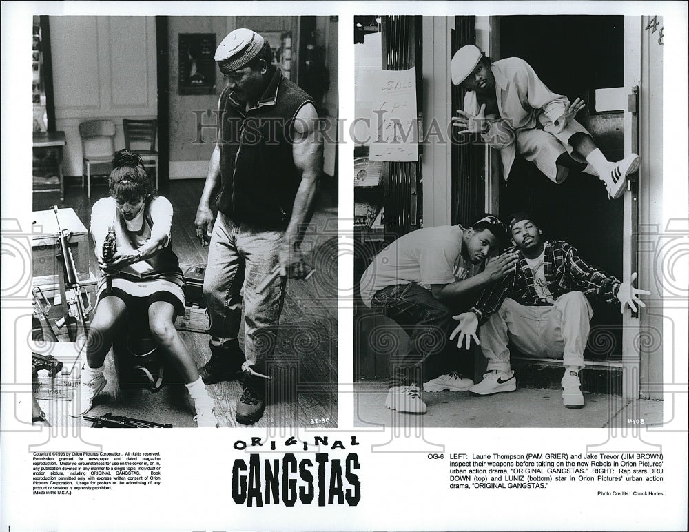 1996 Press Photo Pam Grier, Jim Brown, Dru Down, Luniz &quot;Original Gangstas&quot;- Historic Images