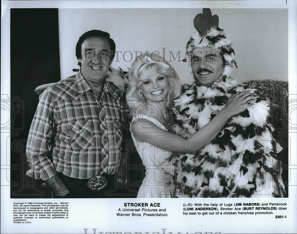 1983 Press Photo &quot;Stroker Ace&quot; Burt Reynolds &amp; Loni Anderson, Jim Nabors- Historic Images