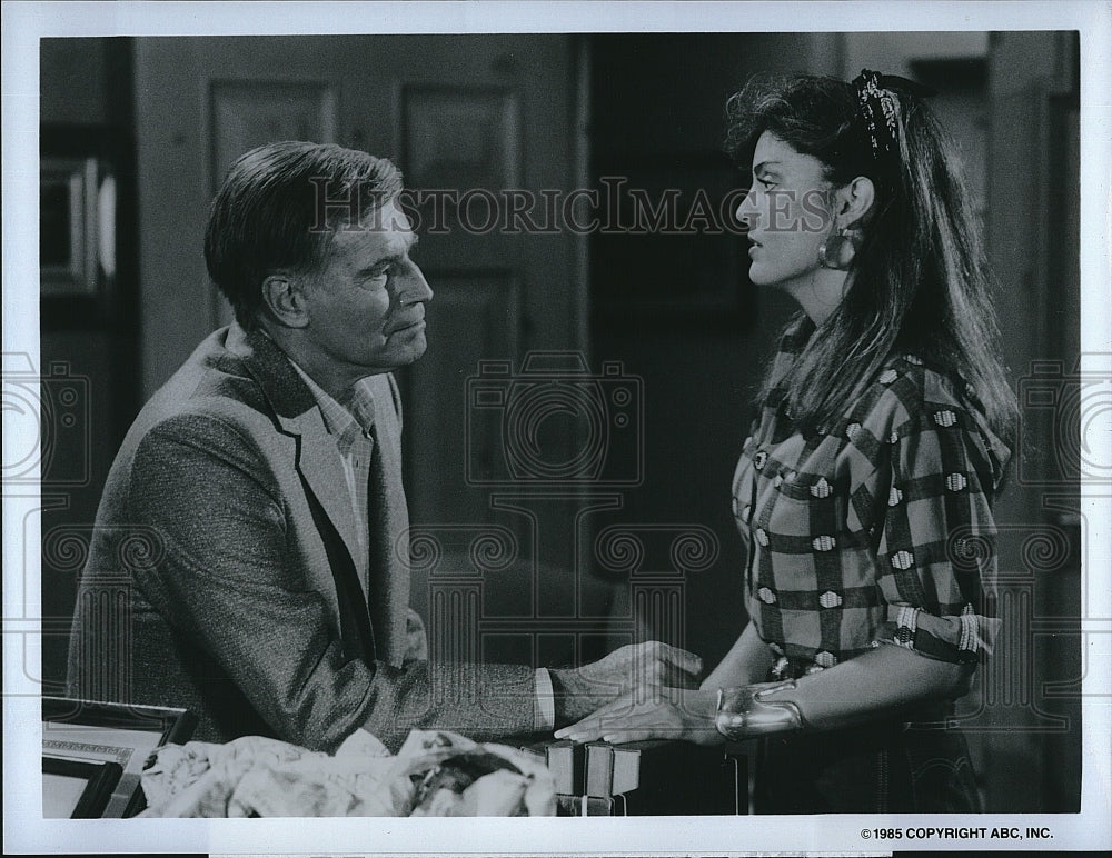 1985 Press Photo Charlton Heston, Tracy Scoggins "Dynasty II: The Colbys"- Historic Images