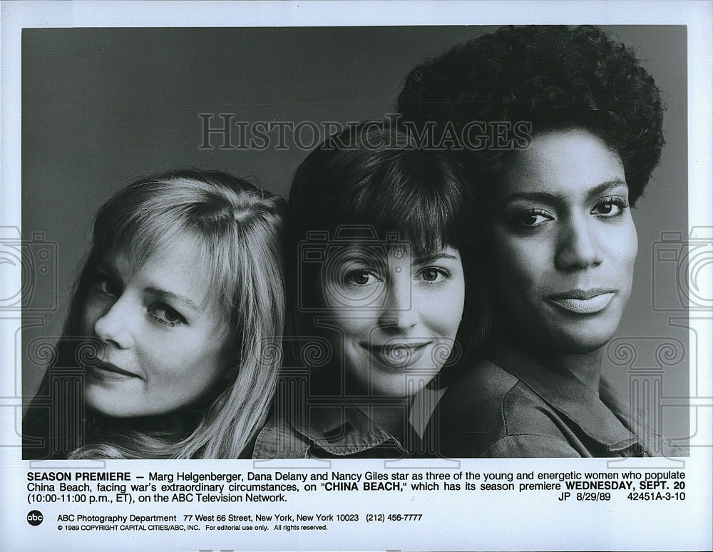 1989 Press Photo Marg Helgenberger, Nancy Giles, Dana Delany &quot;China Beach&quot;- Historic Images