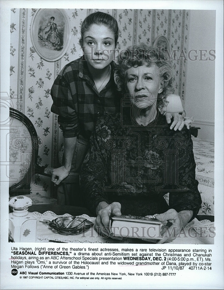 1987 Press Photo Uta Hagen, Megan Follows &quot;Seasonal Differences&quot;- Historic Images