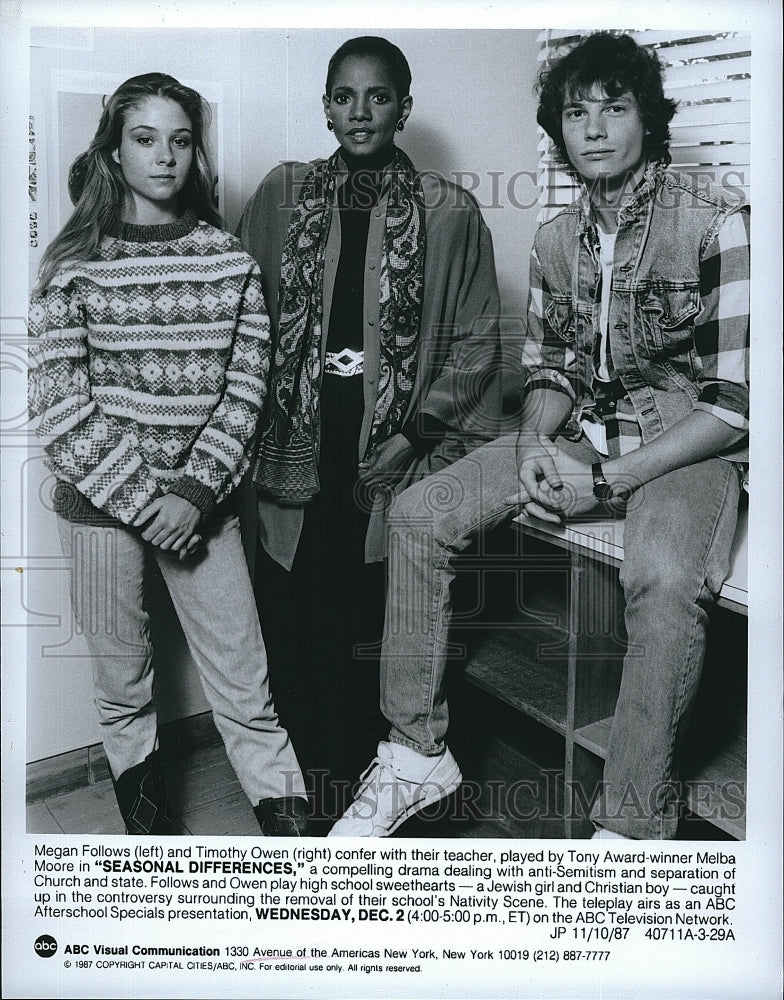 1987 Press Photo Megan Follows, T. Owen, Melba Moore &quot;Seasonal Differences&quot;- Historic Images