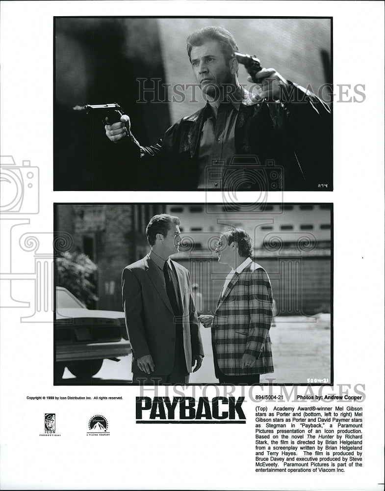 1999 Press Photo Mel Gibson Actor David Paymer Payback Action Film Movie Scenes- Historic Images