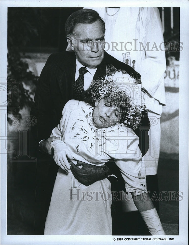 1987 Press Photo Charlton Heston Actor Katharine Ross Actress Colbys Drama TV- Historic Images