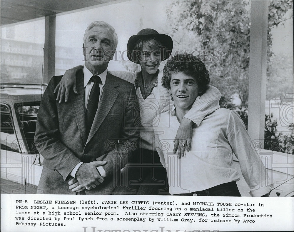 Press Photo Leslie Nielsen Jamie Lee Curtis Michael Tough Prom Night Movie Film - Historic Images