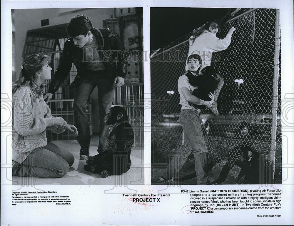 1987 Press Photo Matthew Broderick, Helen Hunt &quot;Project X&quot;- Historic Images