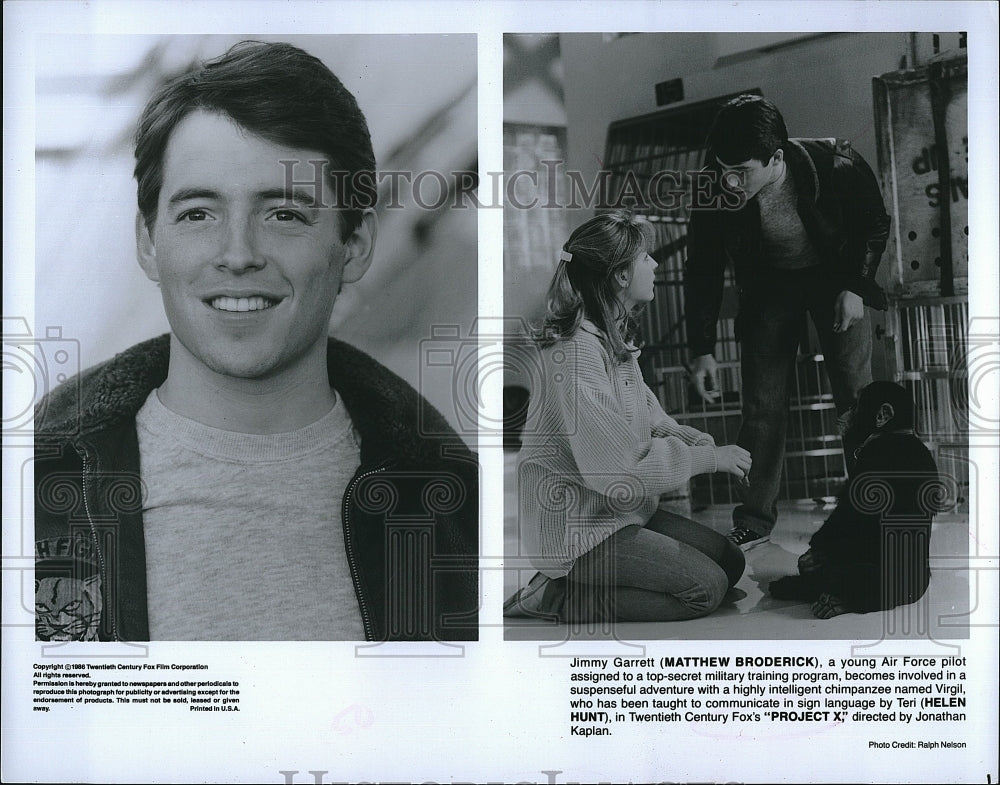 1988 Press Photo Matthew Broderick, Helen Hunt &quot;Project X&quot;- Historic Images