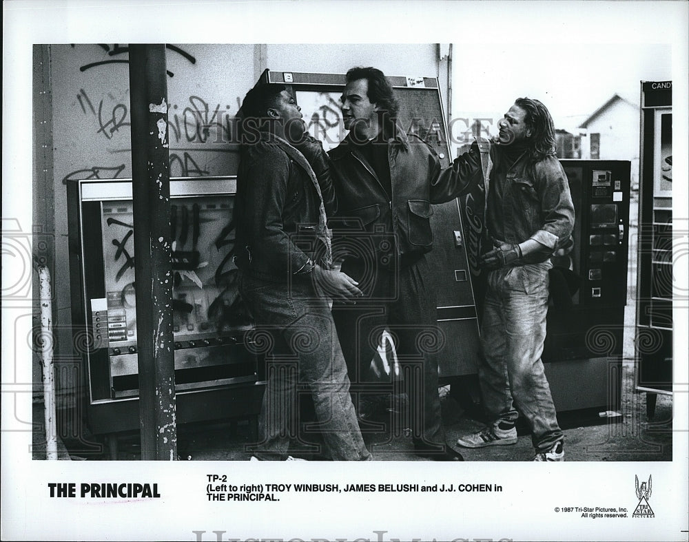 1987 Press Photo Actor Troy Winbush, James Belushi, and J.J.Cohen in "The- Historic Images