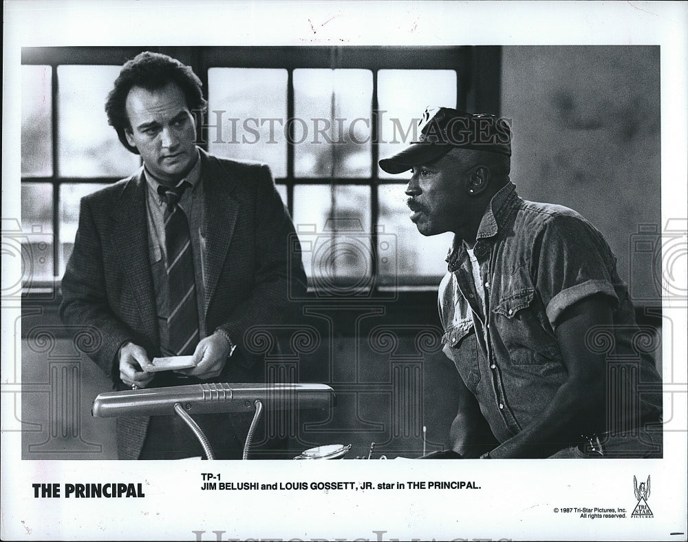 1987 Press Photo Actor Jim Belushi and Louis Gossett Jr. in "The Principal"- Historic Images