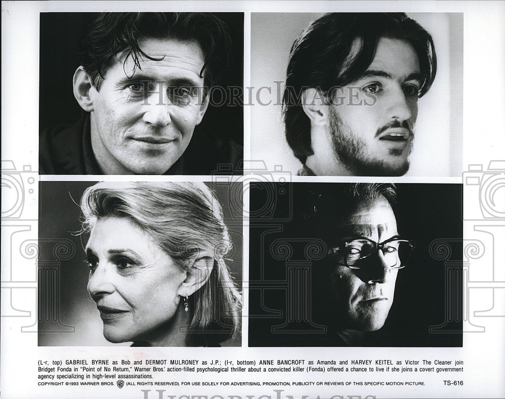 1993 Press Photo Gabriel Byrne, Dermot Mulroney, Anne Bancroft, Harvey Keitel- Historic Images