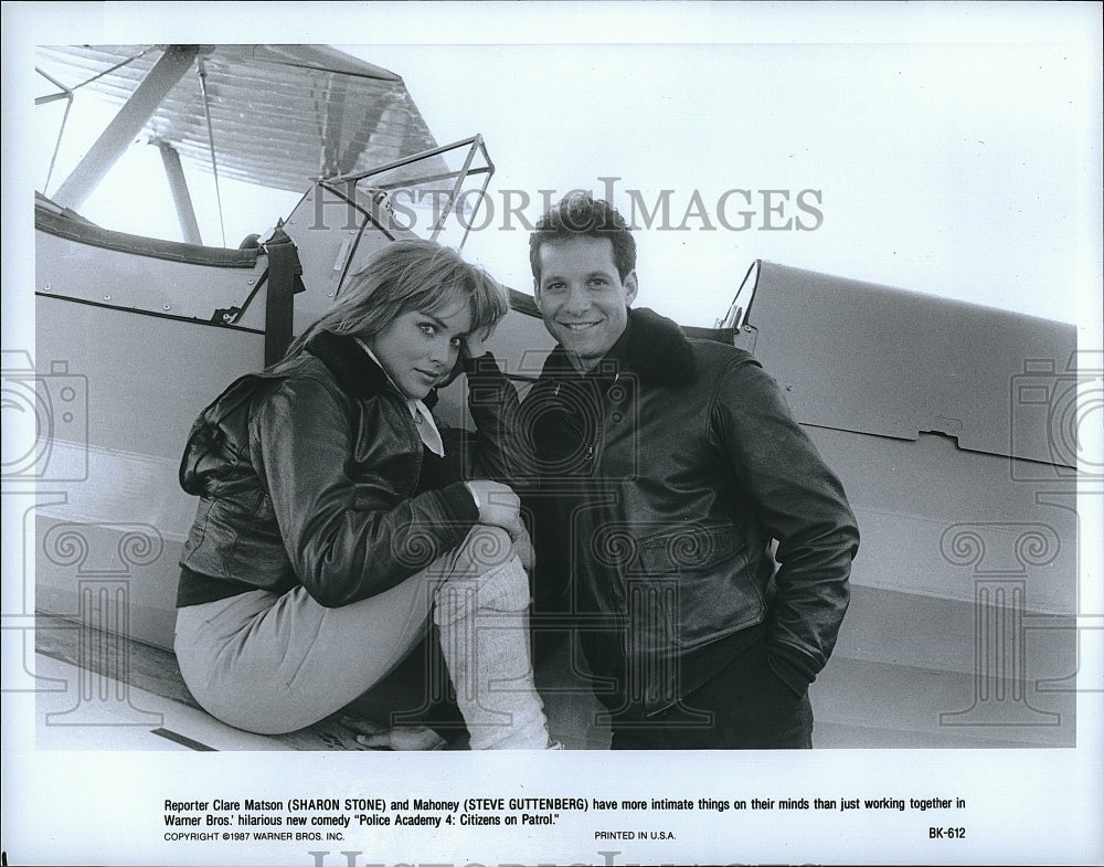 1987 Press Photo Sharon Stone Actress Steve Guttenberg Actor Police Academy 4- Historic Images