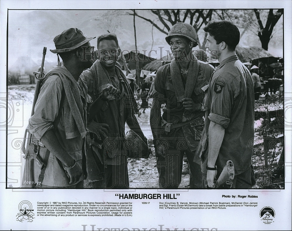 1987 Press Photo C. Vance, M. Boatman, Don James, D. McDermott &quot;Hamburger Hill&quot;- Historic Images